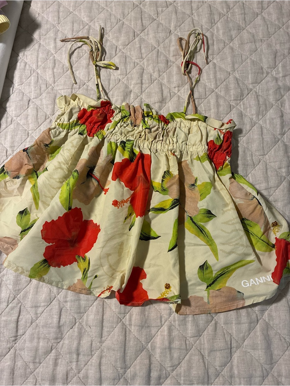 Ganni Cream Floral Tie-Shoulder Tank with Red Flowers